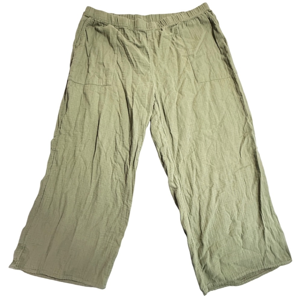 Womens 1X Olive Green Cotton Gauze Wide Leg Elastic Waist Crop Pants‎ Coastal